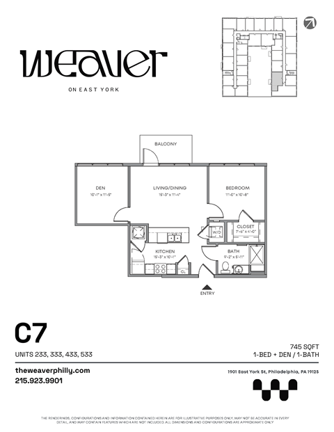 1Bed Floor Plan C7 at The Weaver, Philadelphia, PA, Pennsylvania, 19125